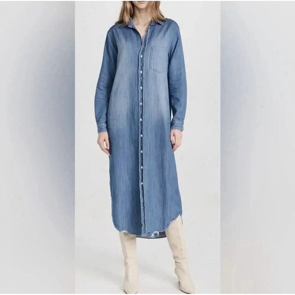 Frank & Eileen Rory Distressed Famous Denim Maxi Shirtdress Blue Womenโs XL/14
